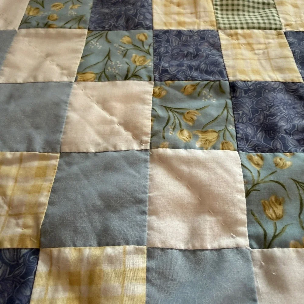 Vintage pillow shams Quilted Set of 2 Blue Yellow Floral Patchwork Cottagecore